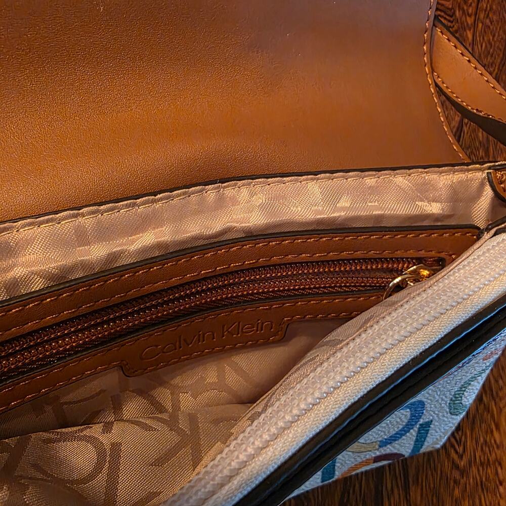 Calvin Klein White Multicolor CK Logo Crossbody with Tan Strap - Picture 5 of 6